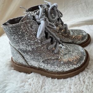 Toddler silver glitter combat boots
